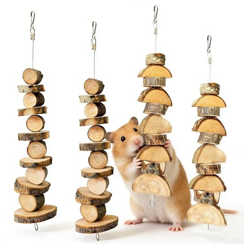 4 Pack Small Animal Chew Toys, Natural Apple Wood Sticks Hanging Chew String for Hamsters, Rabbits, Chinchillas, Guinea Pigs - Dental Molar Treats & Cage Accessories
