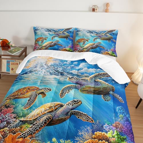 HOSIMA Sea Turtle Queen Comforter Set for Boys Room Decor,At Bottom of Ocean Sea Turtles Surrounded by Corals,Blue Coastal Bedding for Teens Girls,Fluffy Ocean Themed Bedding with 2 Pillowcases. - color: Blue, size: Queen