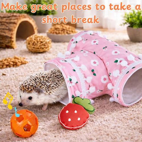Hedgehog Cage Accessories Hideout Tunnel Small Animal, Tunnel and Bell Balls Toy set, Hedgehog Hideout with 2 pcs Toys, Small Animal Tubes for Hamster Guinea Pig Squirrel, Hedgehogs Accessories (Pink) - color: Pink
