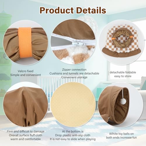BWOGUE Bunny Tunnel Bed, Collapsible Rabbit Tunnel Hideout with Mat, Coffee | Removable Mat for Washing, Ball Toy for Play, Tunnel Tubes for Hiding, Soft Suede Fabric, Cats Rabbits Guinea Pigs - color: Coffee