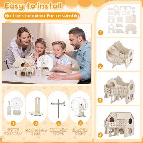 11 Pcs Hamster Cage Accessories Guinea Pig Toys Set, 9.5 Inch Silent Gerbil Wheel Wooden Hideout Chew Toys Bridges Tunnels for Dwarf Hamster Mouse