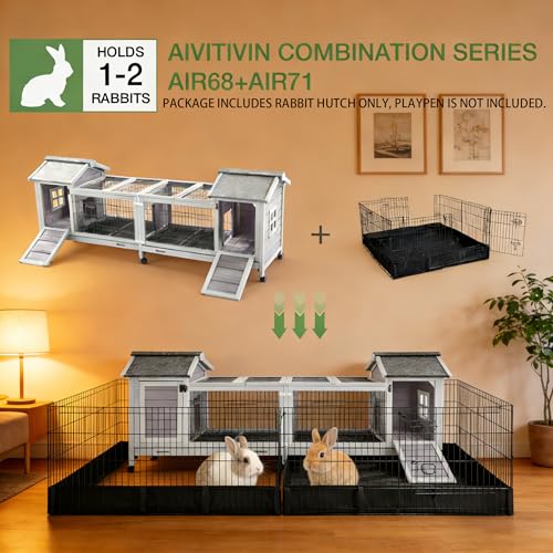 Rabbit Hutch Indoor Outdoor, Large Bunny Cage with Double House and Run, 10.4 ft² Guinea Pig House, Upgrade Deeper No-Leak Trays, On Wheels for Easy Moving - color: （Grey-AIR68)