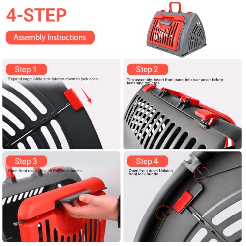 Foldable Portable Pet Carrier, Cat Carrier with Opening Door | Hard-Sided Travel Cat Carrier for Cats & Small Pets up to 25lbs, Red - color: Red