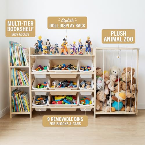 Amdermi Kids Toy Storage Organizer with Bookcase and Stuffed Animal Zoo, 4-in-1 Wooden Multi Bin Toy Shelf for Toddlers, Playroom, Bedroom, Nursery - color: Cream