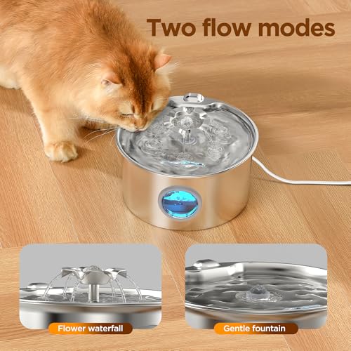 Stainless Steel Cat Water Fountain: 88oz/2.6L Pet Fountain for Drinking | Water Fountain for Cats Inside with Flower Quiet Cat Dispenser Kitty Drinking Fountain Indoor - Gifts for Pets, Small Animals