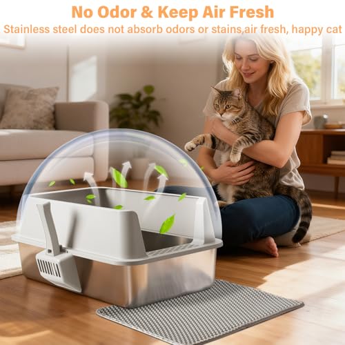 2PCS Stainless Steel Litter Box, XL Cat Litter Box for Big Cat | Large Metal Litter Boxes with Lid High Side, Non-Stick, Odor-Resistant, Anti-Urine Leakage, Includes Mat & Scoop - color: 2PCS XL-lid box