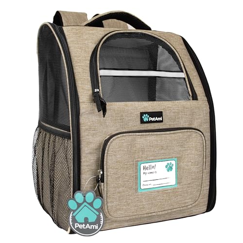 PetAmi Dog Backpack Carrier Airline Approved Cat Pet Puppy Bag, Taupe | Ideal for Small Medium Large Pet up to 18 lb, 2 Side Entry Structured No-Collapse Frame, Ventilated Bookbag for Hiking Travel - color: Heather Taupe