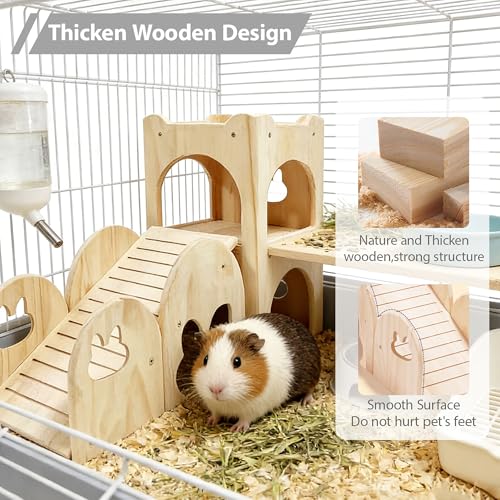 Large Bunny Hideout Wooden Bunny House with Ramp Rabbit Castle(Set of 2) | solid wood guinea pig hideout chinchilla house with detachable panels,rabbit hide with ramp hideaways and climbing areas - style: Set of 2