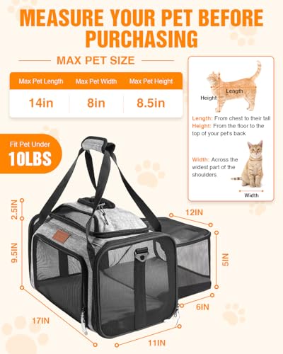 PETUX Expandable Airline-Approved Pet Carrier for Small Cats up to 10 lb | Top-Side Expandable, TSA‑Friendly, Underseat, Soft Travel Bag with Breathable Mesh and Safety Buckle, 17 x 11 x 9.5 in, Grey