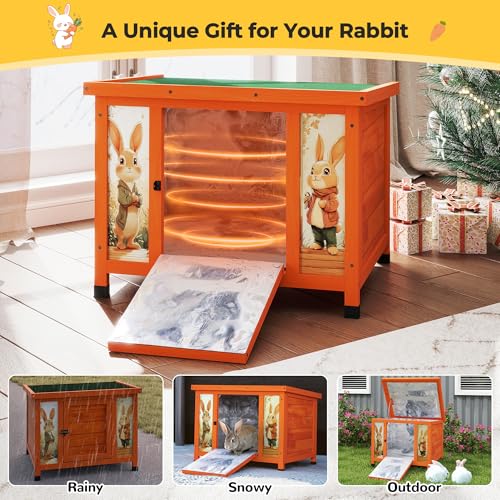 Coziwow 24" Bunny Hutch for Outdoor & Indoor Use - Solid Wood Rabbit Cage with Detachable Insulation Liner, Lightweight Weatherproof Shelter for Cats, Rabbits, Small Animals, Orange - color: Orange with Warm