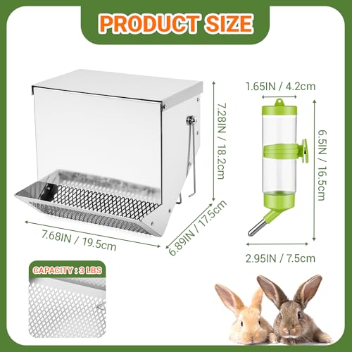 Rabbit Feeders for Cages,3.5 Pound Metal Trough Feeder with Water Bottle | Galvanized Steel Outdoor Bunny Food Dispenser Automatic for Rabbits Chicken Guinea Pig Pet and Other Small Animals Silver