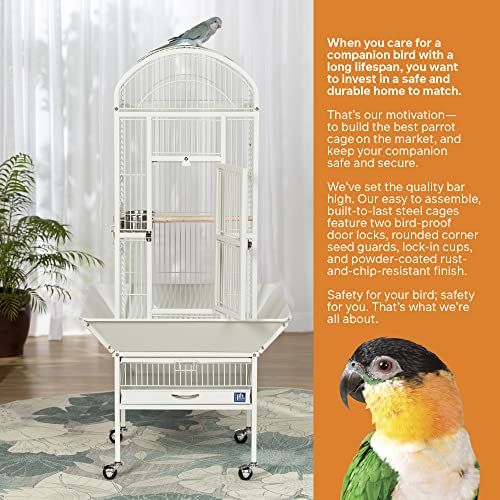 Prevue Pet Products Dome Top Bird Cage with Push Button Locks - Chalk White | Powder‑Coated Steel Cage with Wheels, Seed Guards, and Perch, Ideal for Cockatiels and All Small-Medium Sized Birds