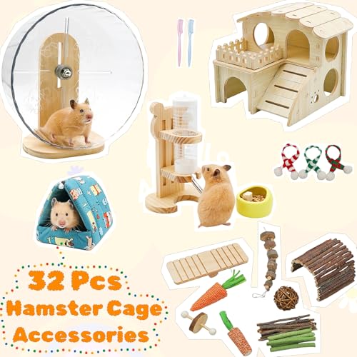 32 Pcs Hamster Cage Accessories, Silent Hamster Wheel, 22 Chew Toys Set, Wooden Hideout, Fleece House, Water Bottle Set, Ceramic Food Bowl for Rat Mice Small Animals Habitat Decor