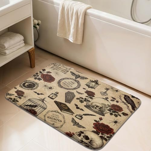 JAWO Gothic Halloween Bath Mat, Vintage Skull Red Rose Crow Bat Spider Web Print, Retro Horror Non-Slip Absorbent Floor Mat, Haunted Home Decor 16X24 - color: Beige, size: 16.00" X 24.00"