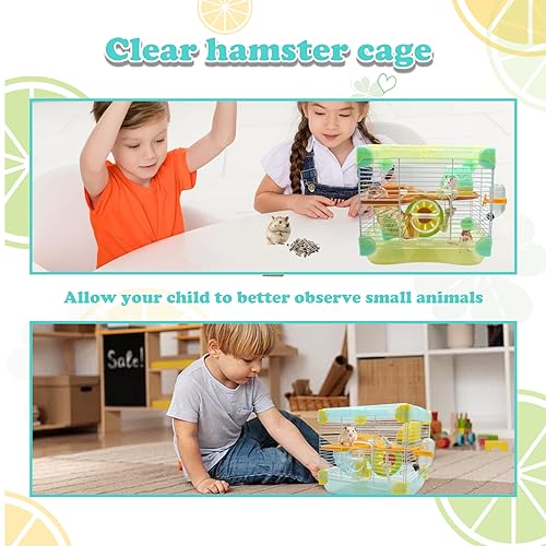 2 Layers Hamster Cage with Tubes Mouse Cage with Accessories Water Bottle Food Dish Transparent Hamster Habitat with Exercise Wheel for Hamster Guinea Pig Gerbil (10.9" x 8.1" x 9.8" Yellow) - color: 【Yellow】