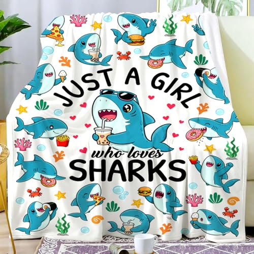 Shark Gifts Blanket for Women Girls Just A Girl Who Loves Sharks Blankets and Throws Stuff Shark Themed Gifts for Women Girls Kids Adults Animal Sharks Lovers Birthday Decorations Room Decor 60"X50" - color: Shark, size: 60"x50"
