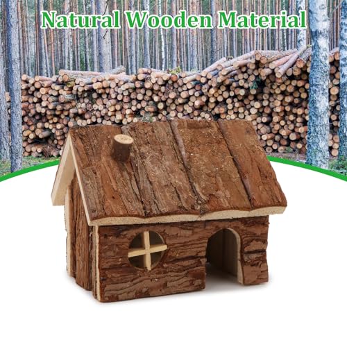 Hypeety Natural Wooden Hamster House Cage Small Animals House with Chimney | Natural solid wood, chew-proof and ventilated play house, for hamsters/gerbils/mice, no assembly required, 5.1x4.3x3.5'', S - size: S