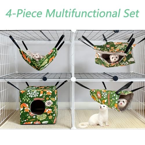 kathson 4 PCS Ferret Hammock Set,Washable Guinea Pig Hideout Bed,Soft Hamster Toys Hanging Tunnel Mats, Small Pets Cage Accessories for Rat, Sugar Glider, Squirrel(Green) - color: Green
