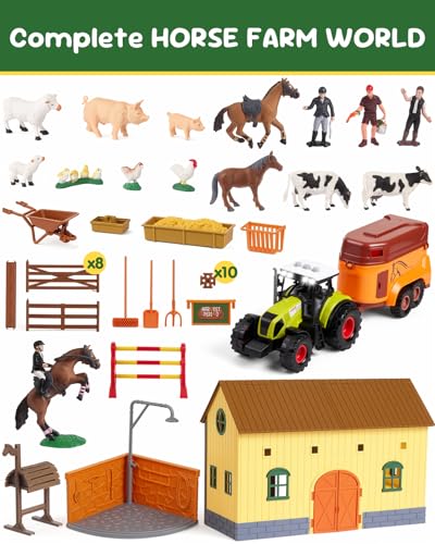 Gleamkid Farm Animals Toys for Kids: 5 in 1 Animal Farm Barn Toy, Tractor Trailer Set with Light & Sound, Washing Horse Stable, Animal Figurines, Training Horse Playset for Toddlers Boys Girl Ages 3+