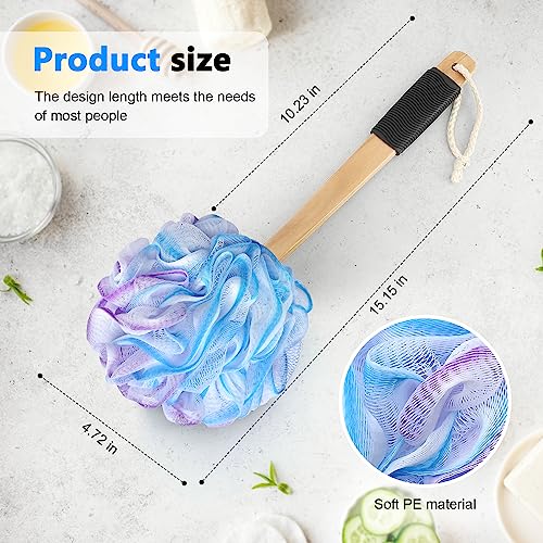 FORENEE Blue, Purple and White Loofah on a Stick, PE Mesh Back Scrubber | Soft PE mesh for rich lather and gentle cleansing; water-resistant coated wood handle, non-slip rubber grip and hanging loop - style: Purple Blue White
