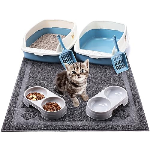 Sliner 7 Pcs Kitten Litter Box Starter Kit, 2 Plastic Small Kitty Litter Box Training Low Entry with Scoop, 2 Double Cat Bowl and Mat for Kitten Indoor(Blue) - color: Blue