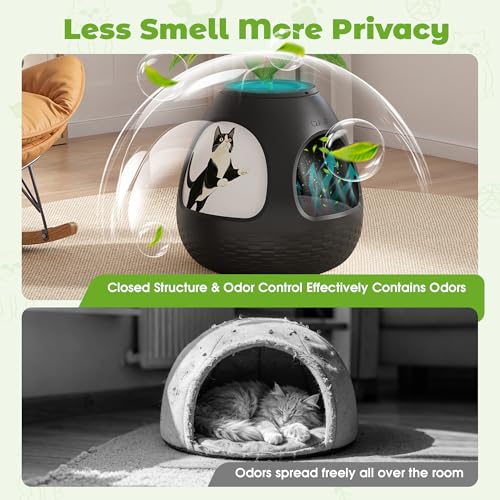 COZIWOW Eggloa6 Plant Litter Box, Hidden Cat Litter Box Enclosure, Odor Removal System, Replaceable Scratching Board, Scoop, Cat House with Cushion ＆ Heating Pad, Artificial Plants (Black) - color: Black