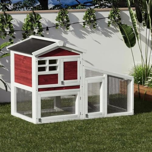 2-Tier Wooden Rabbit Hutch - 54" Indoor/Outdoor Bunny Cage with Weatherproof Asphalt Roof, Non-Slip Ramp & Removable Tray, for Rabbits Guinea Pigs Chickens Red - color: Rufous White