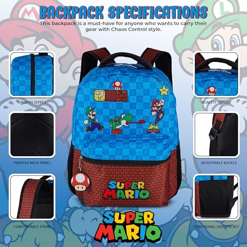 AI ACCESSORY INNOVATIONS Super Mario Brothers Backpack for Boys & Girls, 16 Inch Gaming Bookbag with Molded Toad Dangle, Blue, Featuring Mario, Luigi, Yoshi & Toad - color: Super Mario Bros