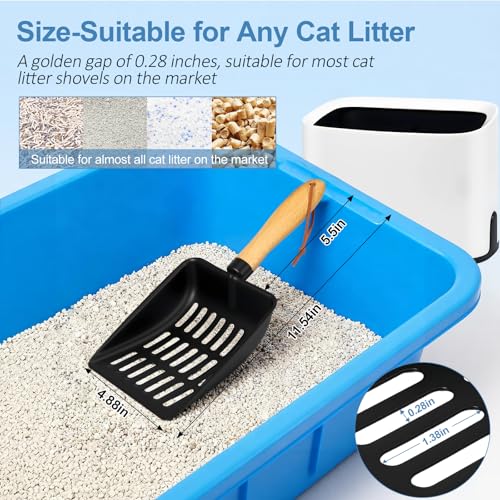 Cat Litter Scoop, Metal Litter Scoop, Short with Holder | Heavy Duty Metal Cat Scooper for Litter Box, Black Sifter Scoop for Pellets, Wooden Handle Scoop with Hole, Kitty Necessity - size: Cat Litter Scoop Short with Holder