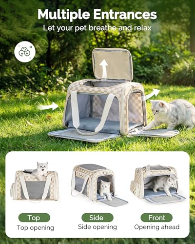 Homespon 34.5L Soft-Sided Cat Dog Carrier, Airline Approved Pet Bag | Collapsible Travel Bag with Removable Bed for Small Dogs & Cats - color: Khaki Checkboard