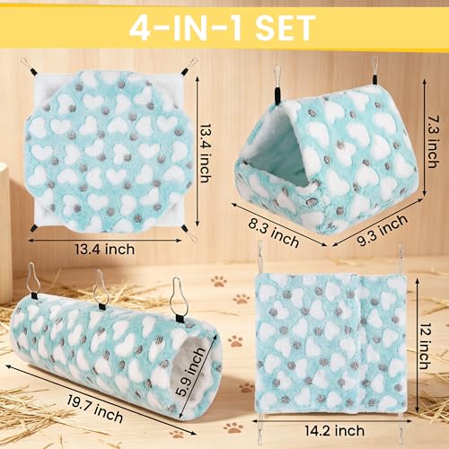 MCEAST 4 Pieces Small Pets Cage Accessories Hanging Hammock Sleeping Bag Tunnel and Bed Hideout Set Warm Sleep Nap Sack Bed for Hamster Ferret Squirrel Rabbit, Light Blue Hearts - style: Blue Hearts