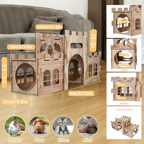 HIIMALEX Large Bunny Castle Sturdy House for Rabbits Ferrets Guinea Pigs | Wooden bunny hideout, split balcony, tunnel tower, ventilated habitat for rabbits, ferrets, guinea pigs, hamsters
