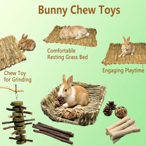 Bunny Grass Bed Mat 21Pcs Rabbit Chew Toys Set Hand-Made Woven Hay Mat | Wood&Bamboo Sticks and Timothy Grass Cake&Ball,Small Animals Teeth Grinding Chew Treat Toy for Guinea Pig - size: 21pcs