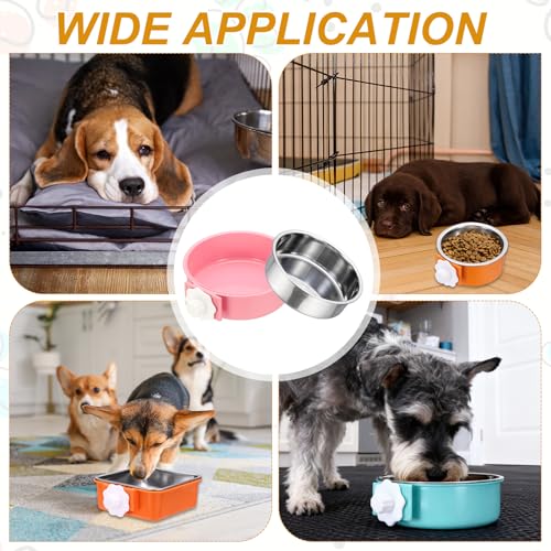 Crate Dog Bowl, Removable Stainless Steel Pet Cage Hanging Anti-Overturn Food Water Feeder Cage Cup (Round, Pink, 25.3oz), Intended for Puppies/Cat/Rabbit/Bird - color: Pink, size: 6.4"(25.3oz)