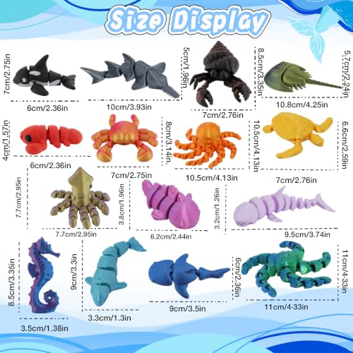 15 Pack 3D Printed Sea Animal Toys with Educational Cards, Articulated Ocean Animal Figurines and Fidget Desk Pets for Kids Ages 3-8, Birthday Gifts, Classroom Prizes & Desktop Decor