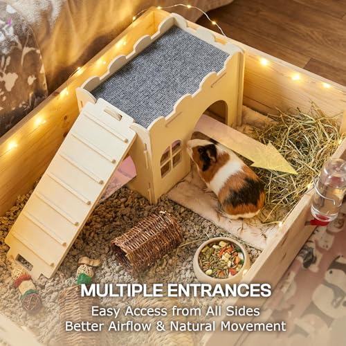 Ramp for Guinea Pig Cage, Wooden Bridge and Climbing Board | Slatted small-animal ramp with removable fabric grip for climbing or connecting compatible hideout houses - size: Small