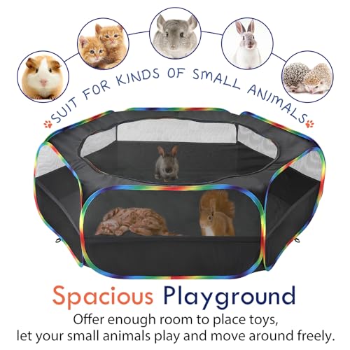 Pawaboo Small Animal Playpen with Zippered Cover, Black + Rainbow | Portable pop-up pet tent for supervised rabbits, guinea pigs, chicks and kittens; water-resistant bottom and 3 metal rods - color: Black + Rainbow