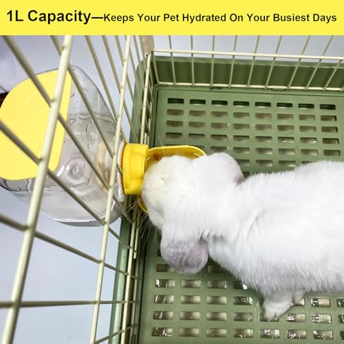 35oz Rabbit Water Bottle, Pet Hanging Automatic Water Dispenser for Small Animal Ferret Guinea Pig Chinchilla Dog Cat (Cage Grid Spacing 1.2''-2.1'') (Yellow)