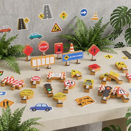 Blosssound Wooden Toys Set for Preschool Classroom - Multicultural Career People Blocks Educational Wooden Play for Kids Learning Toys Play Games Activity Supplies(26 Pcs,Construction Signals) - style: Construction Signals