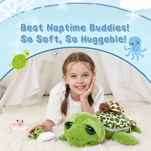 Turtle Stuffed Animals with 3 Babies, 14" Sea Turtle Plush, Green | 3 Baby Sea Turtle Plushies & 2 Eggs; Mother and Baby Plushiea; Zipper Belly Hide-and-Seek; Birthday & Christmas Gift for Kids - style: Turtle Green