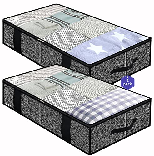 Onlyeasy Underbed Fabric Storage Bags Organizer with 4 Handles, 2 Zippers and Large Clear Window, for Clothes, Blankets, Bedding, Foldable with Sturdy Structure, 2 Pack, Linen-like Black, MXAUBBSS2P - color: Upgraded Firm Side Wall - Linen Like Black