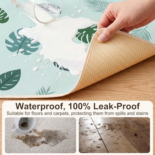 Basumee Splat Mat for Under High Chair, Waterproof & Mess-Proof Floor Mat | 46"×42" Baby Splash Mat, Non Slip Bottom, 4-Layer Fabric, Food & Liquid Catcher, Machine Wash for Boy Girl, Meals, BLW, Craft - color: Blue Leaves, size: 46x42 Inches