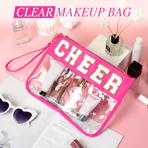 Kacctyen 20 Pcs Rose Pink Chenille Letter Cheer Bags Cheerleader Clear Makeup Bags Snacks Pouch Bulk Preppy Patch Cosmetic Pouch with Wrist Strap Zipper for Travel Team Cheerleaders - color: rose Pink