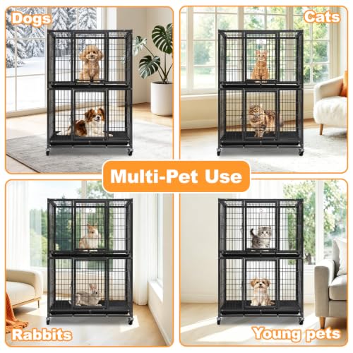 Homey Pet 31 Inch Two Tiers Heavy Duty Dog Crate with Lockable Wheels | Escape Proof Metal Wire Drop Cage for Dogs with Lockable Wheels, Removable Tray & Grids, Top Access for Small Dogs and Pets