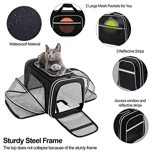 TSA Airline Approved Large Pet Travel Carrier,4 Sides Expandable with 2 Mesh Pockets,3 Entry, Soft Sided Collapsible Dog Carrier for 2 Cats,Kittens,Puppies,Dog, X-Large, Black & White