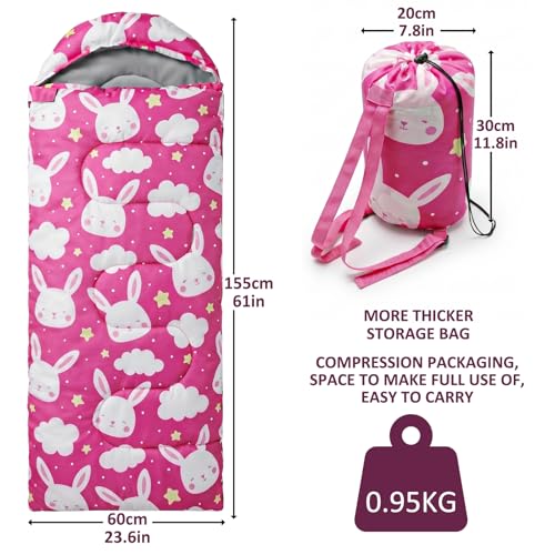 Kids Sleeping Bags - Camping Sleeping Bags with Carry Bag - Compact Sleeping Bag for Hiking, Backpacking 3 Season Warm & Cool Weather, Lightweight Waterproof Outdoor Travel for Boys Girls - color: Pink