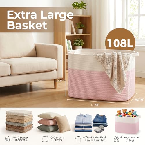 OIASKET 108L Cotton Rope Storage Basket for Living Room and Bedroom 25"x16"x16" Woven Laundry Basket, Heavy Duty Bin for Blankets, Pillows & Toys, Pet-Safe & Scratch-Free, Pink and White - color: Pink & White