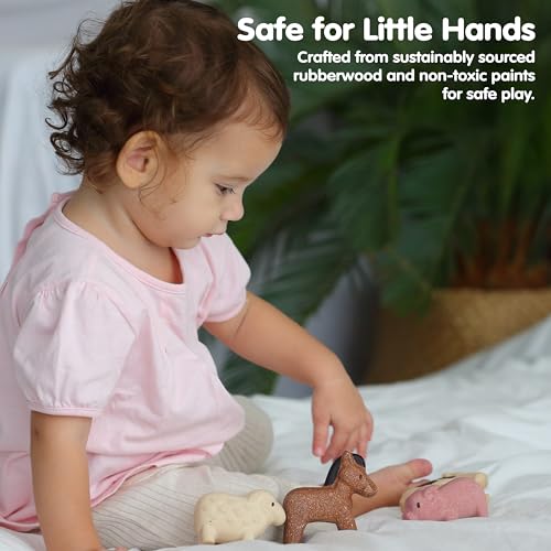 PlanToys Farm Animal Figurines Set - Four Cute Sustainably-Made Wood Pig, Sheep, Cow, and Horse Figures to Stimulate Interactive and Creative Play - color: Farm Animals Set