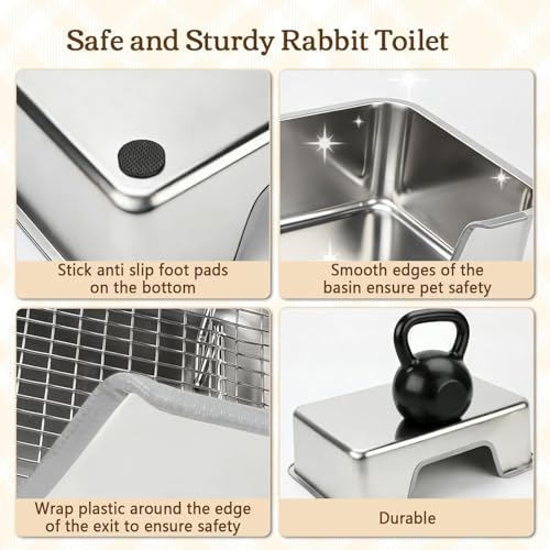 Rypet Large Stainless Steel Rabbit Litter Box Set for Small Animals | High Sides & Low Entry, 304 Stainless Steel Sifting Tray, Bowl and Bottle Included, Non-Slip, Easy to Clean, Odor Control - size: M(17.7" × 13.8" × 5.9")
