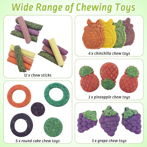 Fhiny 27 PCS Rabbit Chew Toys for Teeth, Natural Bunny Treats，Chinchillas Snack Food Small Animal Molar Toys for Guinea Pigs Mice Gerbils Made of Timothy Grass Pumpkin Beets Purple Potatoes Carrot